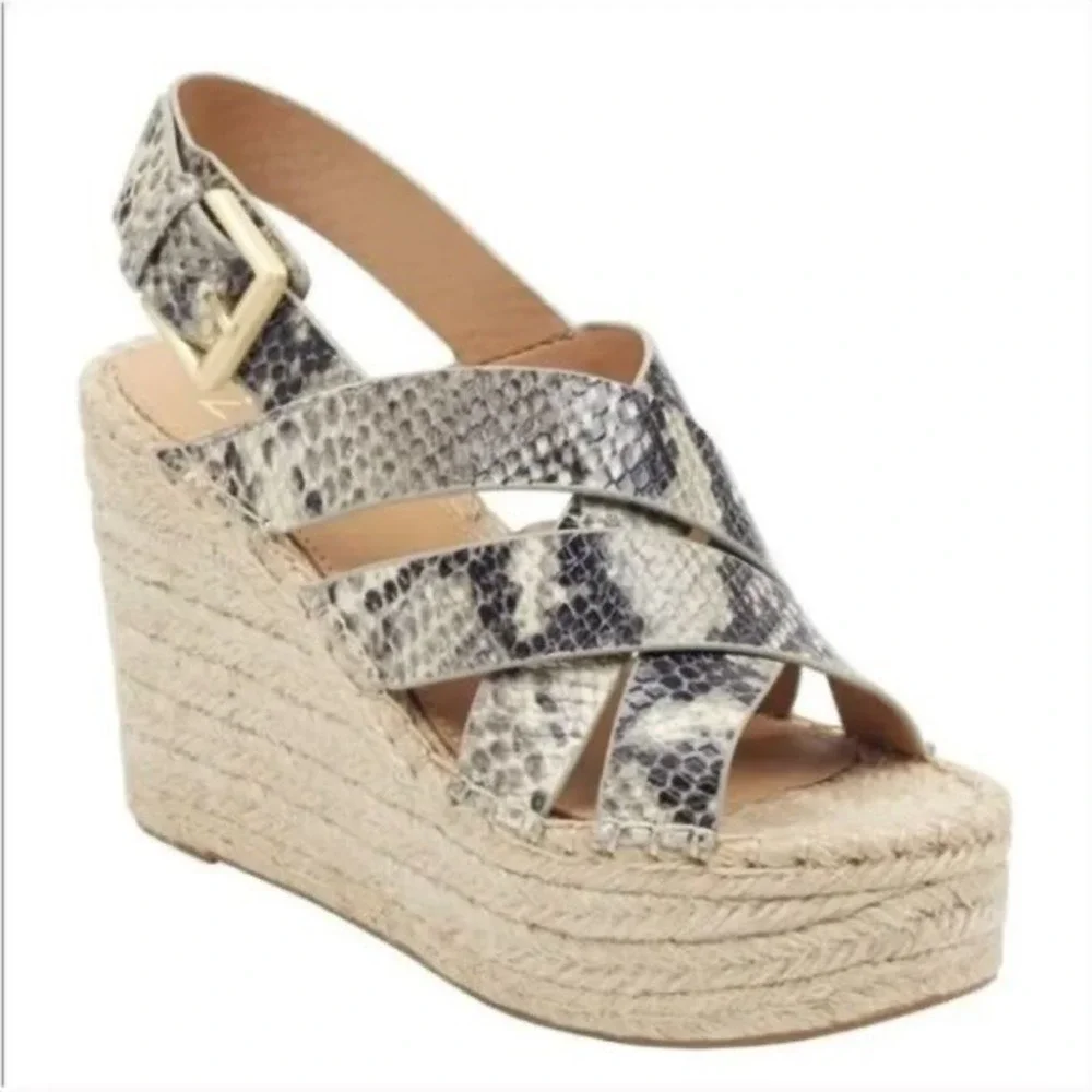 Marc Fisher Alenni Snakeskin Espadrille‎ Wedge Sandals Grey Black Leather 9.5 M
